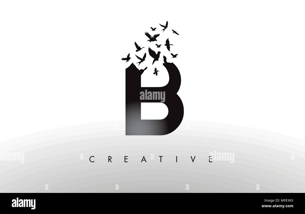 B Logo Brief mit fliegenden Schwarm Vögel zerfallenden aus dem Brief. Vogel Schreiben Symbol Fliegen. Stock Vektor