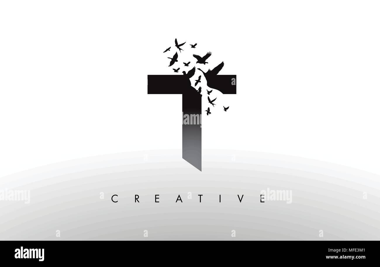 T-Logo Brief mit fliegenden Schwarm Vögel zerfallenden aus dem Brief. Vogel Schreiben Symbol Fliegen. Stock Vektor