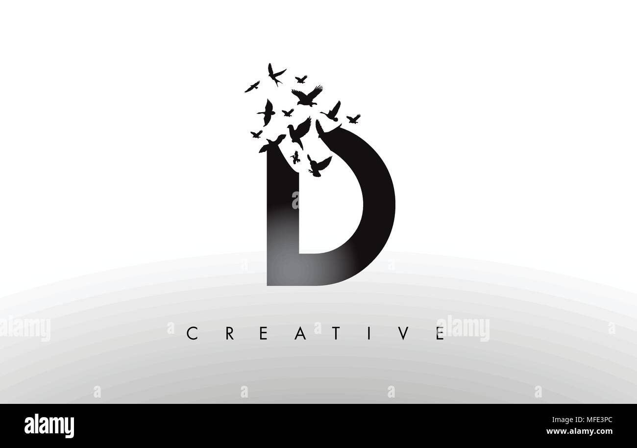 D-Logo Brief mit fliegenden Schwarm Vögel zerfallenden aus dem Brief. Vogel Schreiben Symbol Fliegen. Stock Vektor