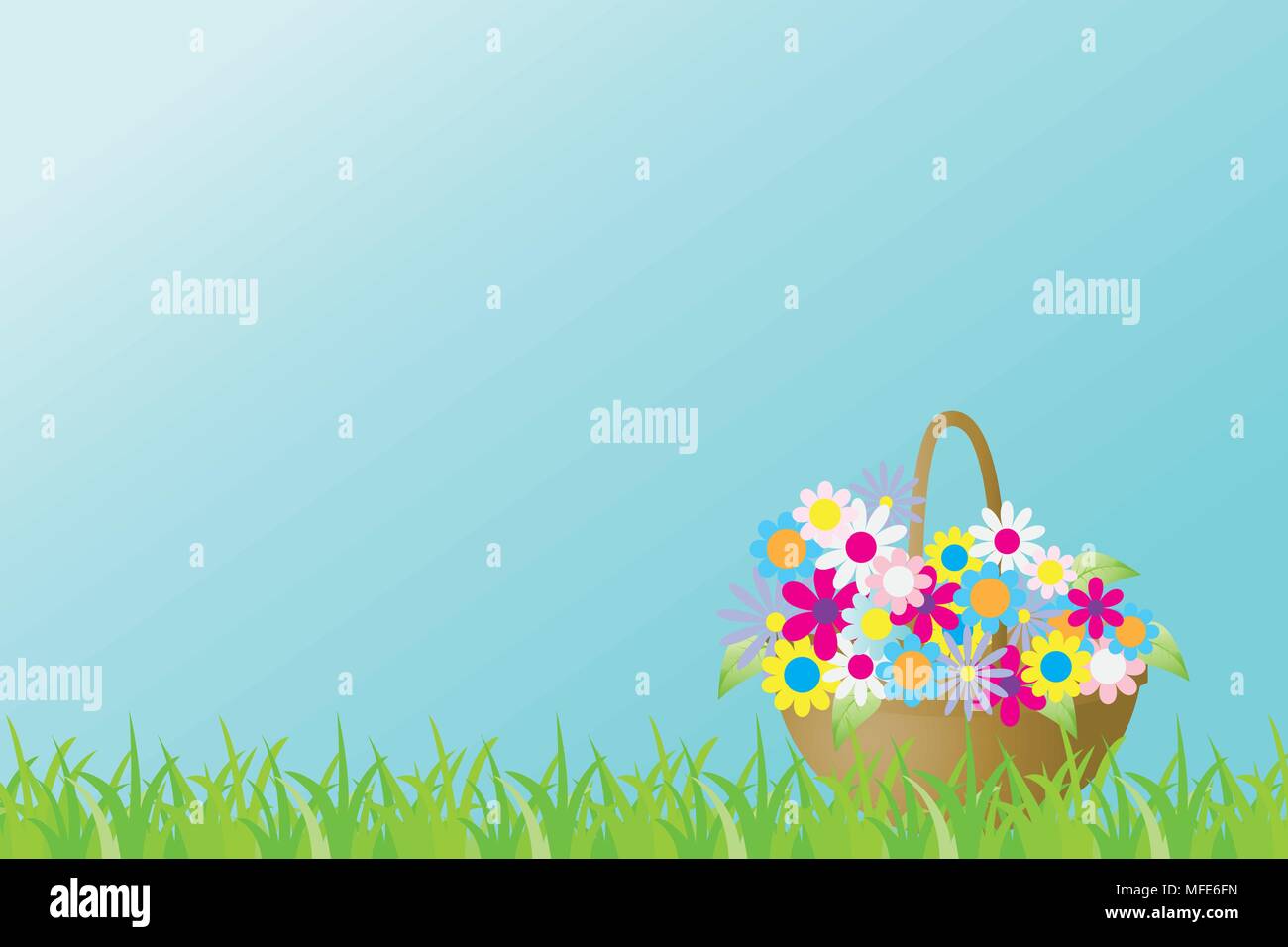 Vector Illustration mit einem Korb von brighte Frühling Blumen eines grünen Gras Stock Vektor