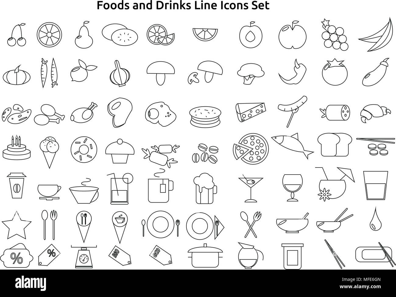 Lebensmittel und Getränke Zeile für Symbole gesetzt Stock-Vektorgrafik -  Alamy