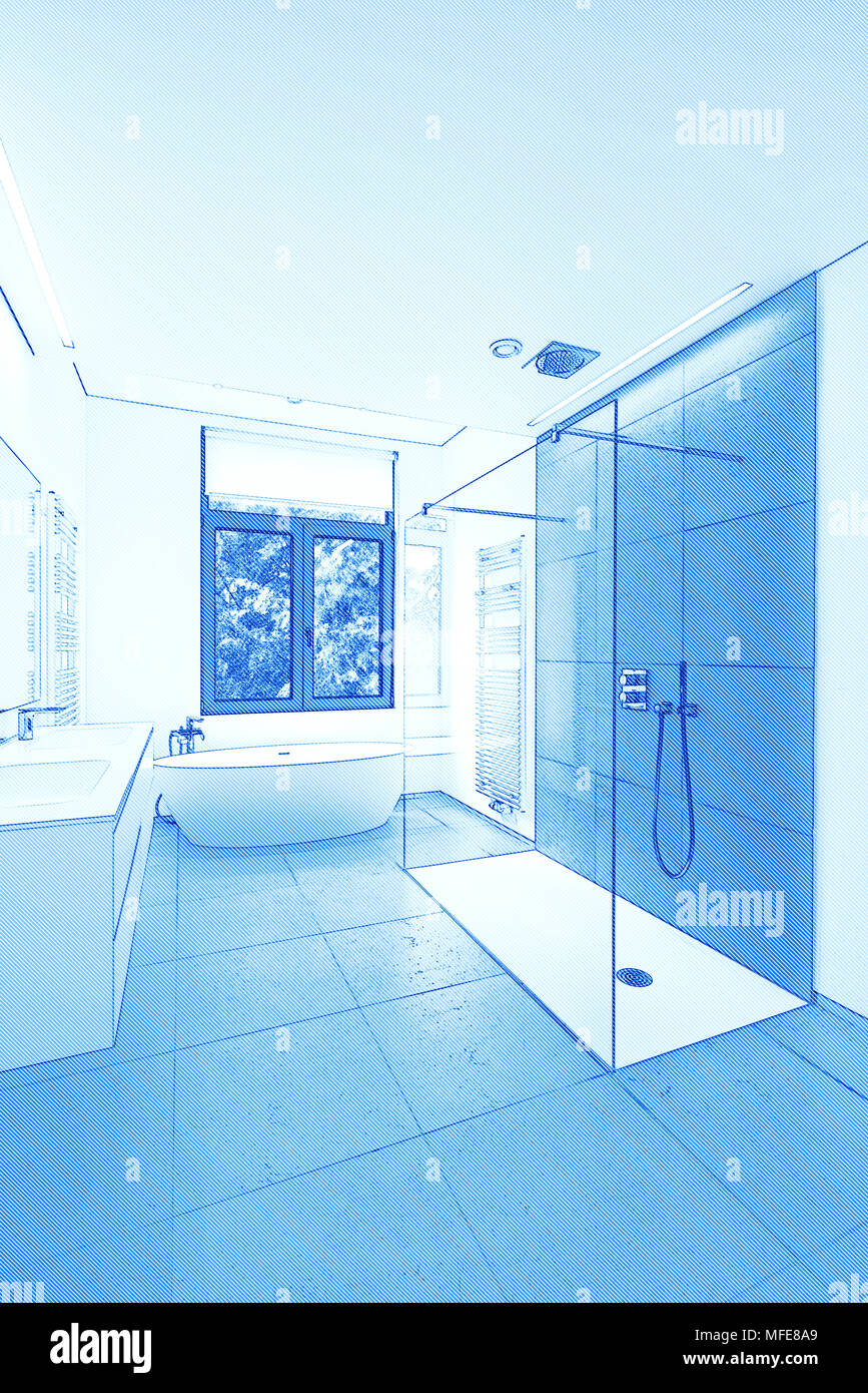 Entwurf einer Badewanne in Corian, Hahn und Dusche im Badezimmer  Stockfotografie - Alamy