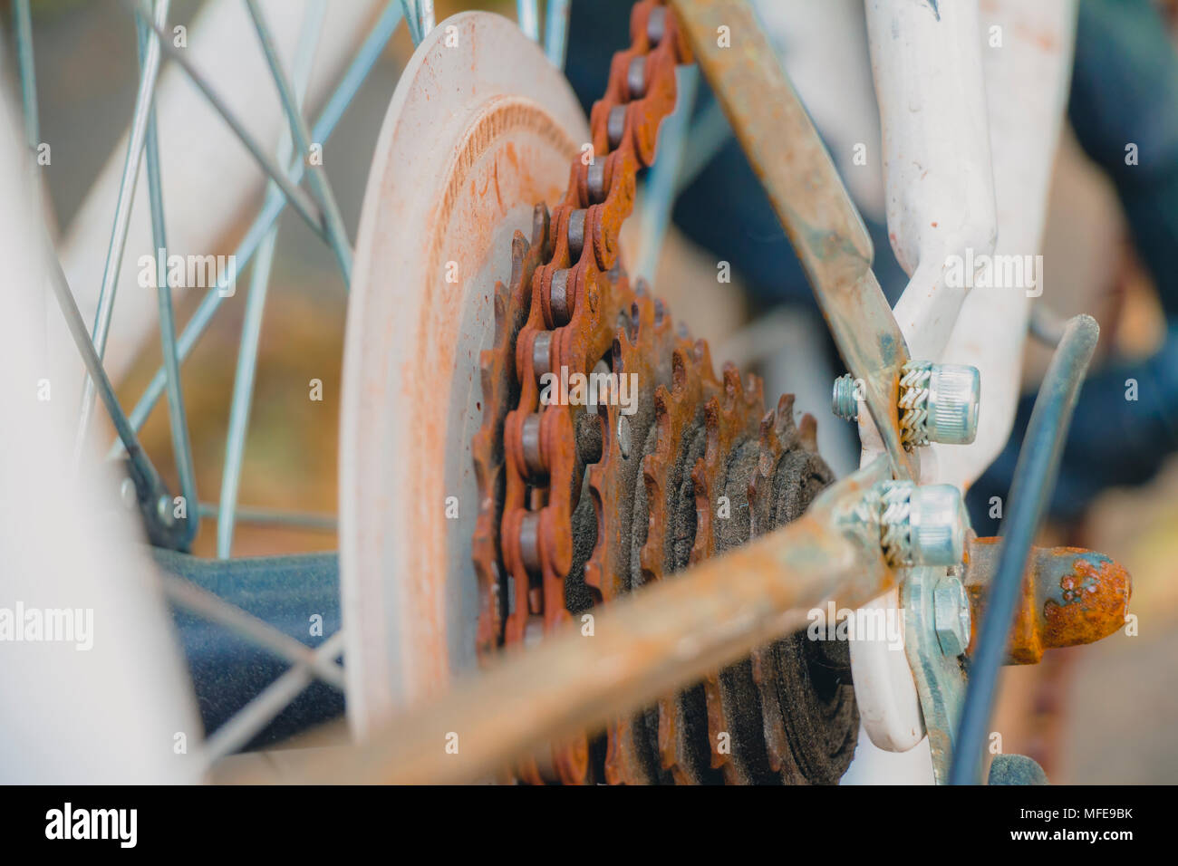 Alte rostige Kette auf weißen Fahrrad. Selektiver Fokus Nahaufnahme. Stockfoto