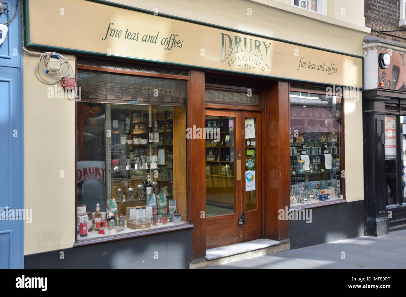 Drury Tee und Kaffee Co. Ltd shop in Neue Zeile, Covent Garden, London, UK. Stockfoto