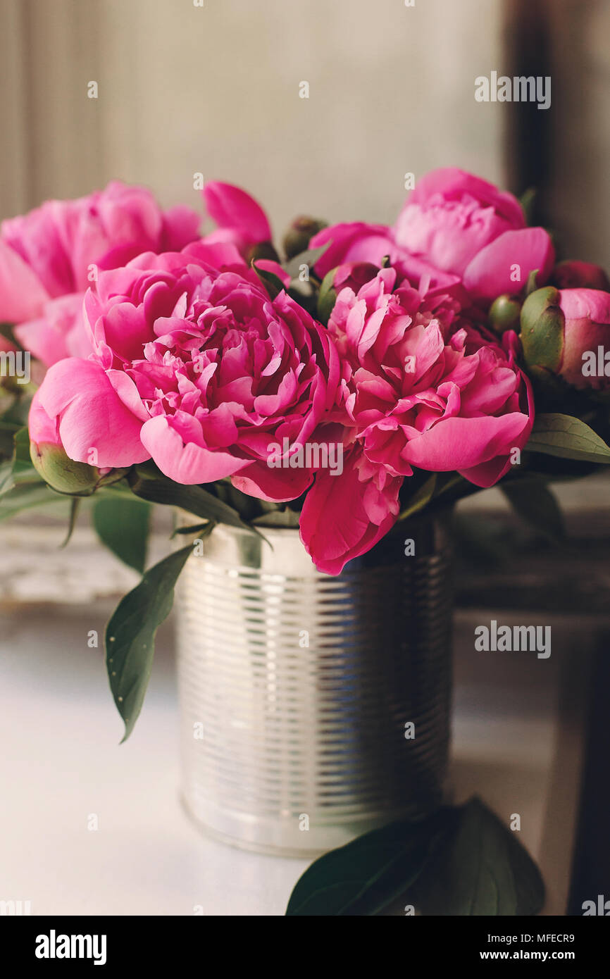 Schöne rosa Pfingstrosen Blumenstrauß in Vase auf weiße Holz- Hintergrund auf Fenster, Platz für Text. top anzeigen. blumen Grußkarte. happy Muttertag. sp Stockfoto