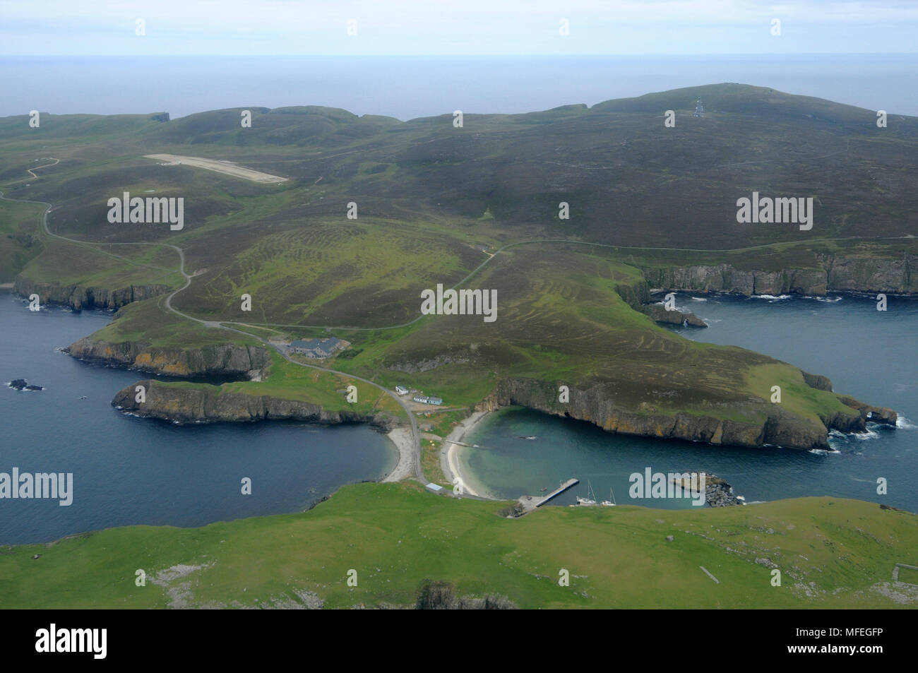 Fair Isle aus der Luft von einem Helikopter Stockfoto