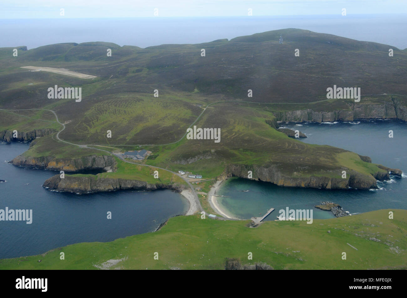 Fair Isle aus der Luft von einem Helikopter Stockfoto