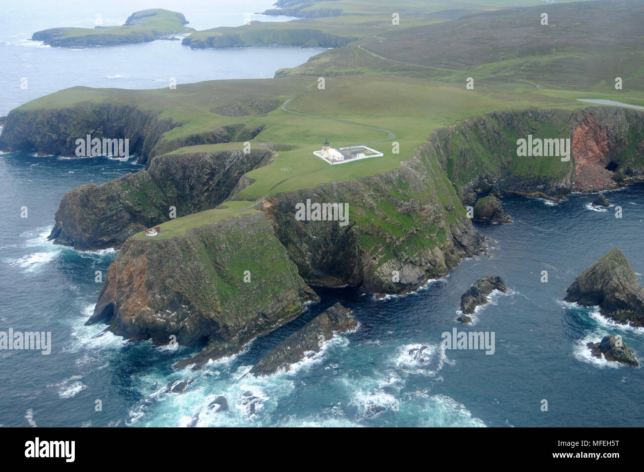 Fair Isle aus der Luft von einem Helikopter Stockfoto