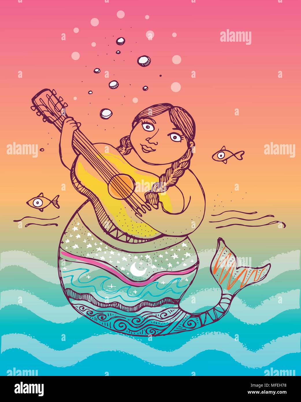 Hand vector Abbildung oder Zeichnung einer Meerjungfrau mit einer Gitarre Tinte Abbildung gezeichnet Stock Vektor