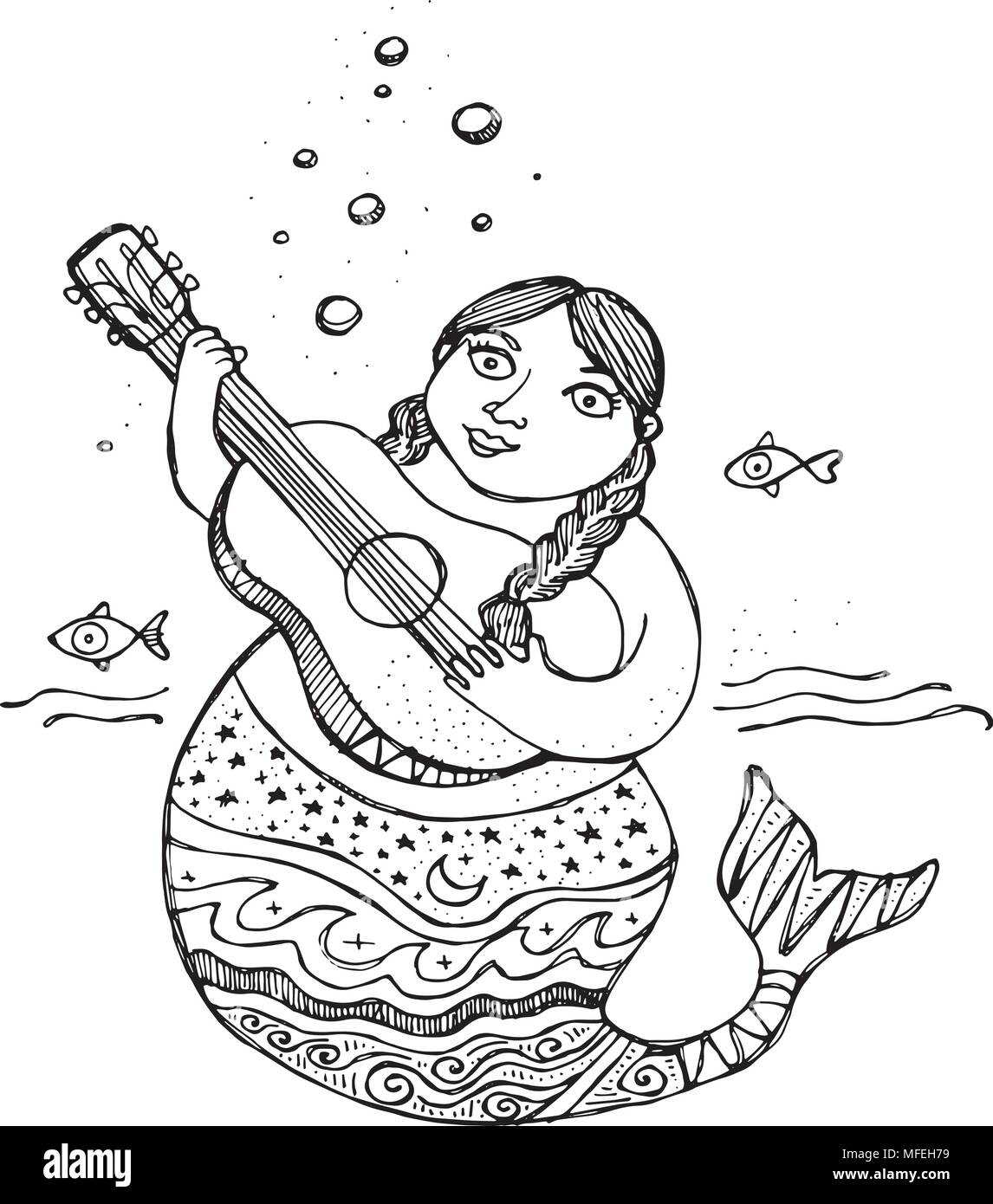 Hand vector Abbildung oder Zeichnung einer Meerjungfrau mit einer Gitarre Tinte Abbildung gezeichnet Stock Vektor