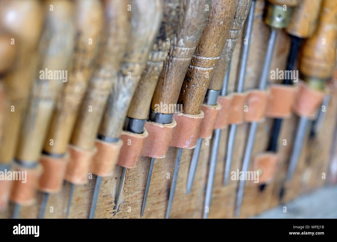 Nahaufnahme der Sattel Hersteller Tools Stockfoto