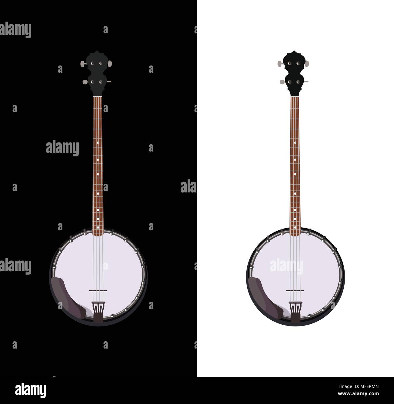 Banjo - Volksmusik Instrument in vertikalen darstellen, Vector Illustration isoliert auf weißem und schwarzem Hintergrund Stock Vektor