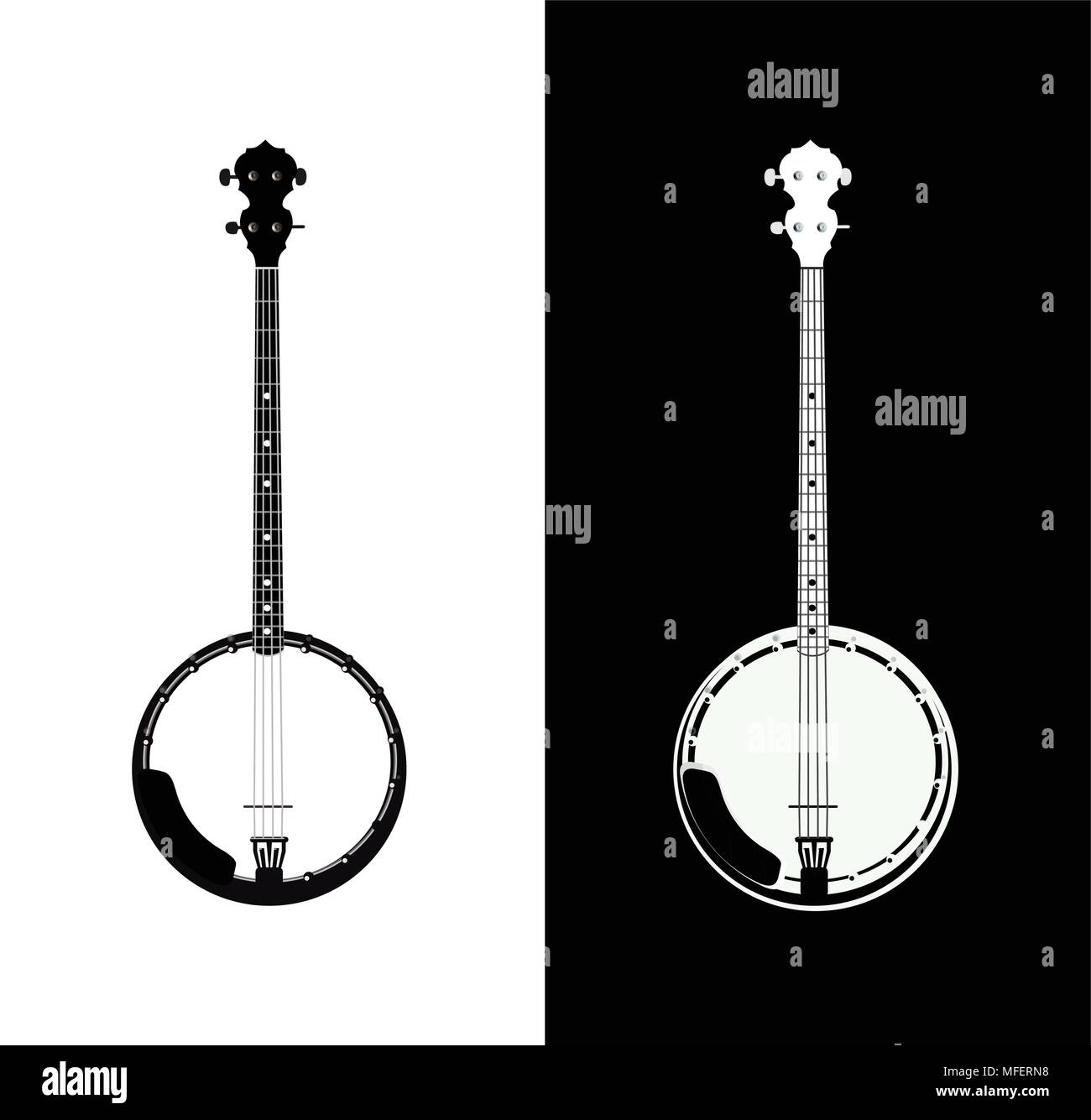 Silhouette von Banjo - Volksmusik Instrument in den Farben Schwarz und Weiß, Graustufen Vektor-illustration isoliert auf weißem und schwarzem Hintergrund Stock Vektor
