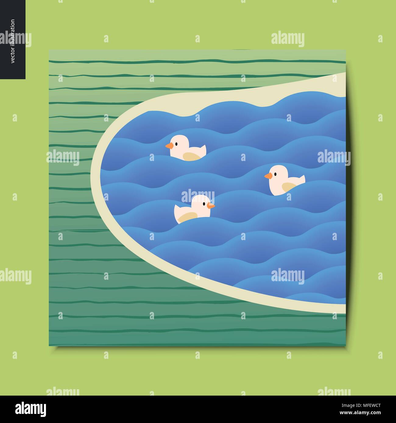 Sommer einfache Dinge - See mit Enten in den Wellen und gestreiften Feld um Stock Vektor