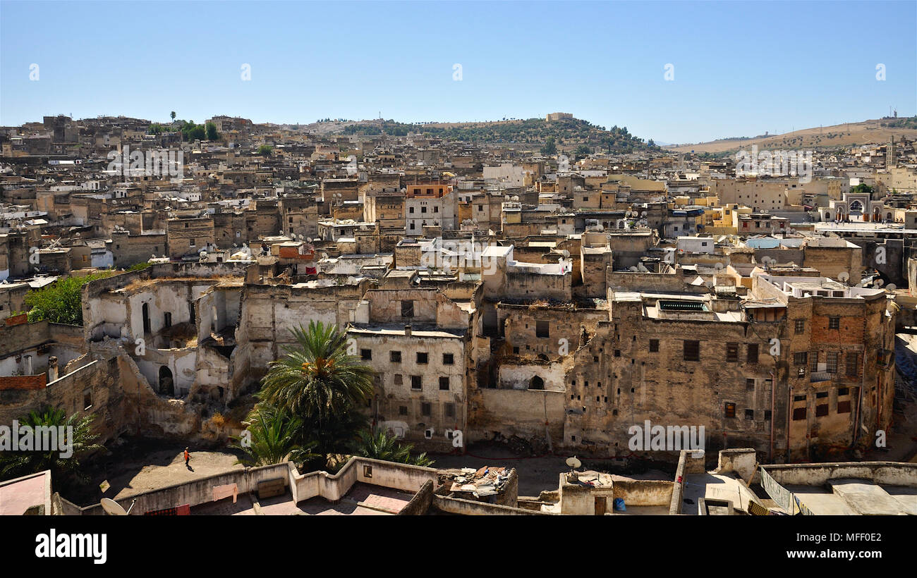 Panoramablick von der alten Medina von Fes, die Dächer und die alten Häuser (Fes, Marokko). Stockfoto