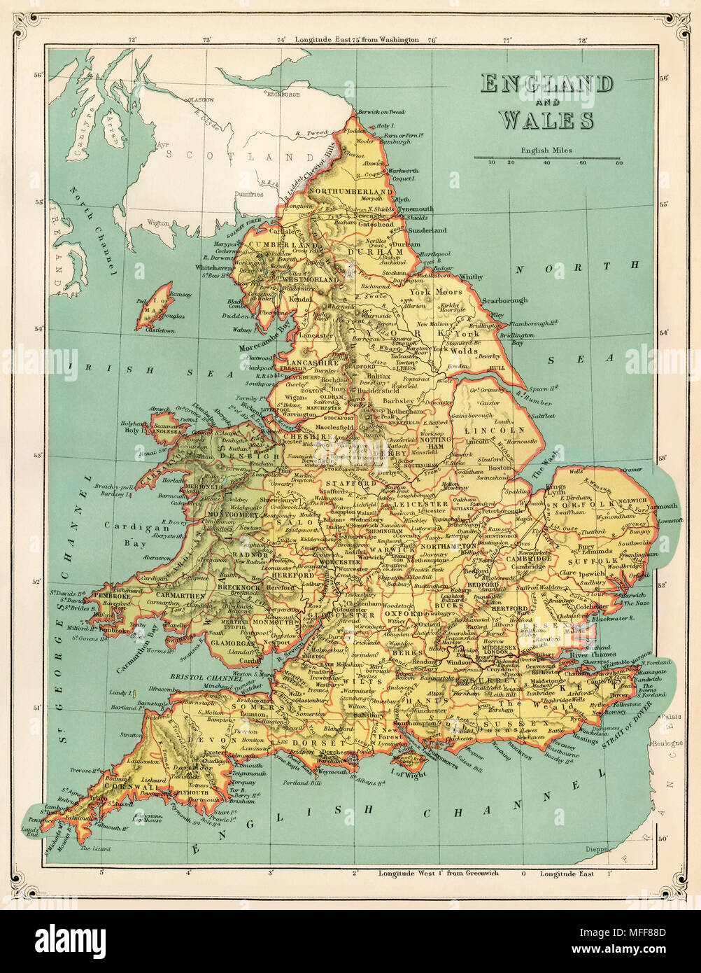 Karte von England und Wales, 1870. Gedruckte farbige Lithographie Stockfoto