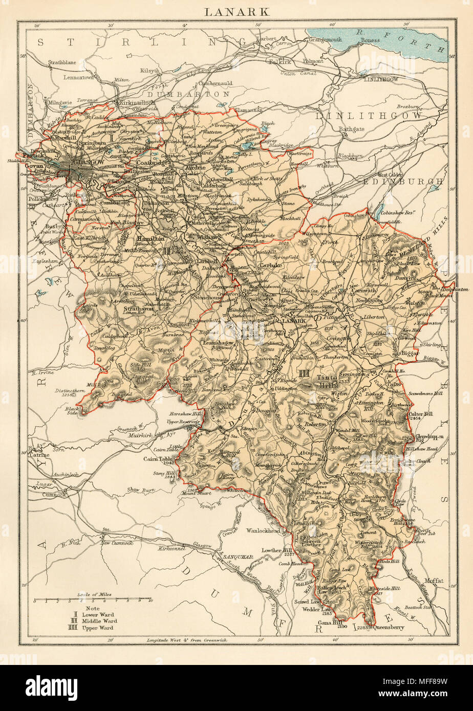 Karte der Grafschaft Lanark, Schottland, 1870. Gedruckte farbige Lithographie Stockfoto
