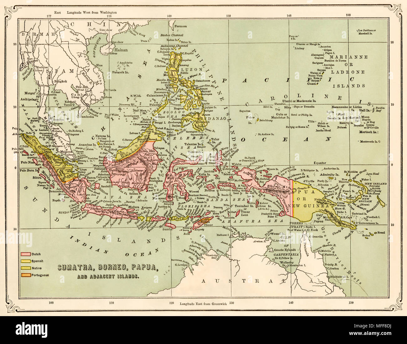 Karte von Sumatra, Borneo, Neuguinea, und die angrenzenden Inseln, 1870. Gedruckte farbige Lithographie Stockfoto