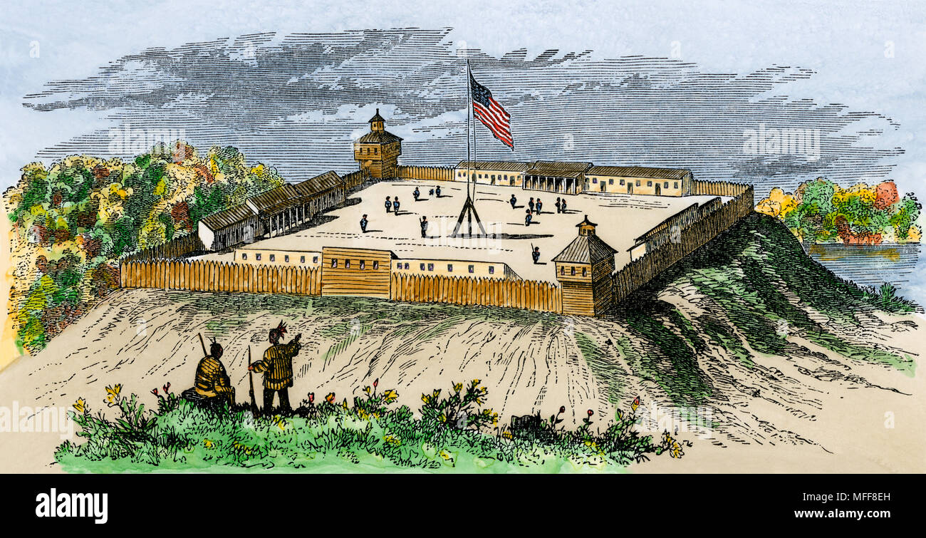 1812 in Fort Wayne, Indiana Territorium. Hand - farbige Holzschnitt Stockfoto