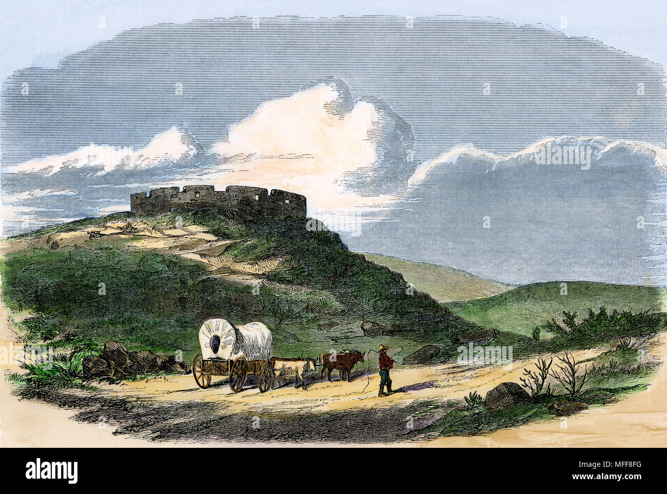 Oregon Trail passing Lane Fort auf dem Mount Oread in der Nähe von Lawrence, Kansas 1857. Hand - farbige Holzschnitt Stockfoto