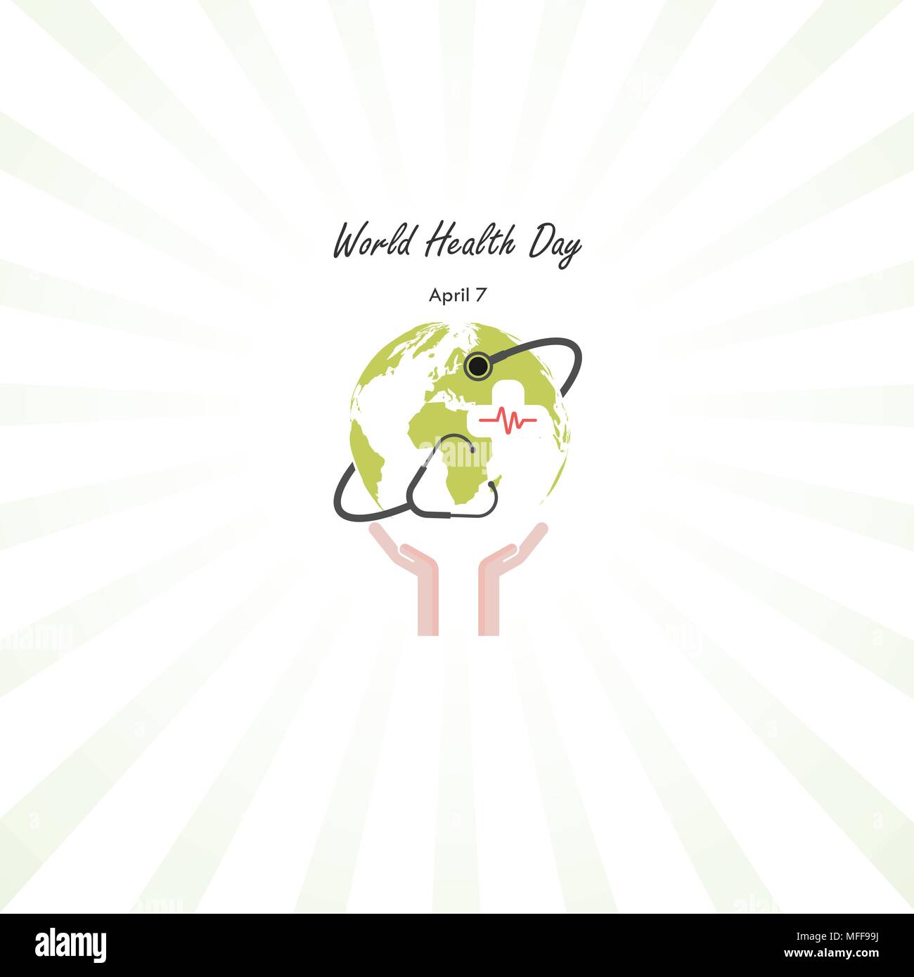Globus-Zeichen, menschliche Hand und Stethoskop-Vektor-Logo-Design-Vorlage. Welt-Gesundheitstag-Symbol. Welt-Gesundheitstag Idee Kampagnenkonzept für Grußkarte und p Stock Vektor
