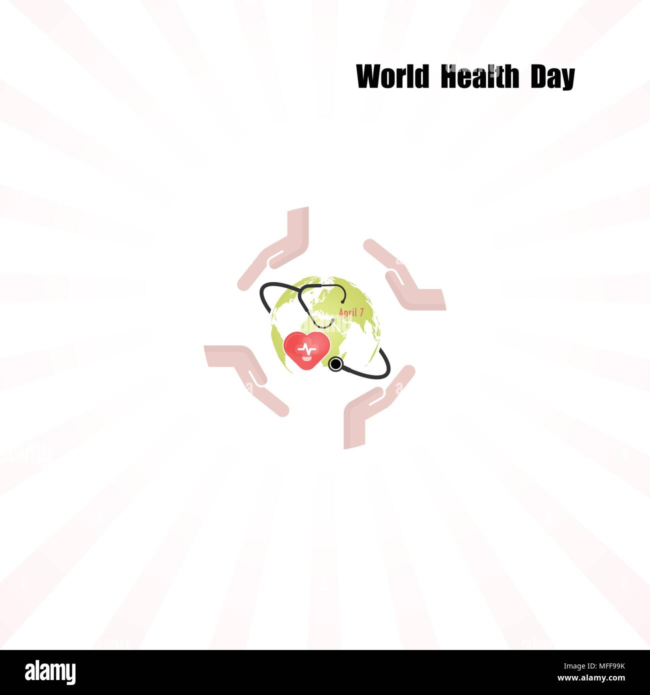 Globus-Zeichen, menschliche Hand und Stethoskop-Vektor-Logo-Design-Vorlage. Welt-Gesundheitstag-Symbol. Welt-Gesundheitstag Idee Kampagnenkonzept für Grußkarte und p Stock Vektor