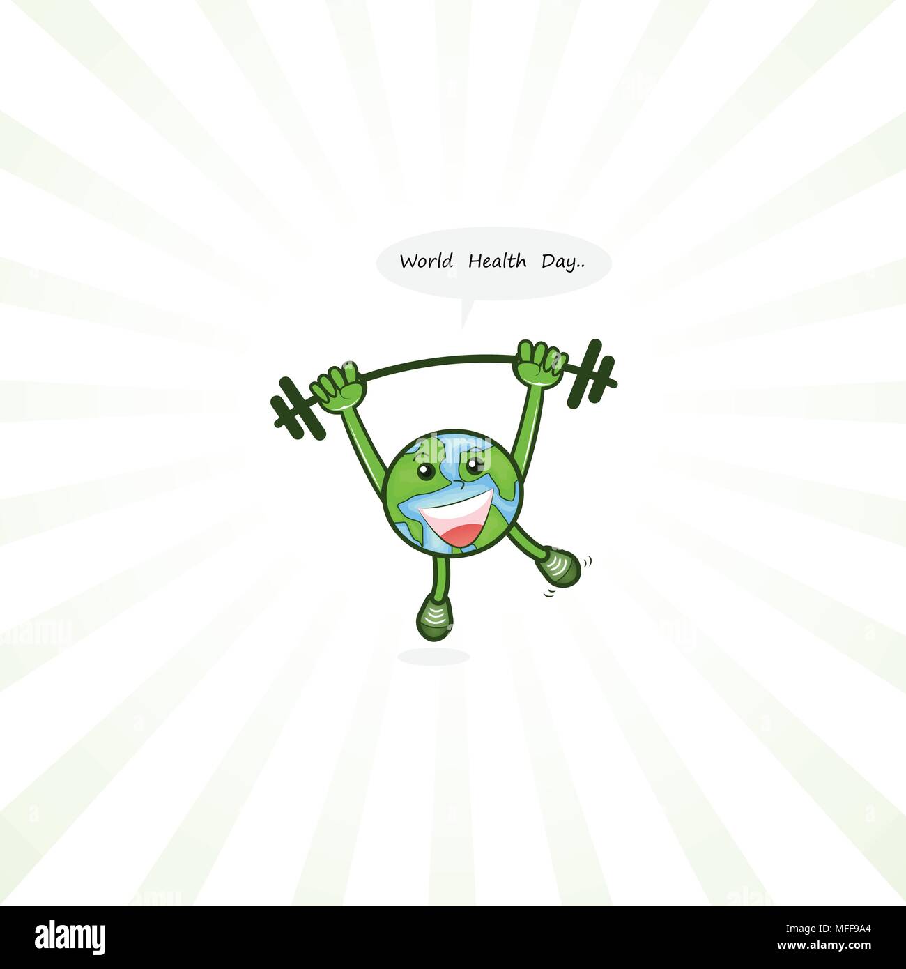 Globus Zeichen und Hantel Vektor-Logo Design-Vorlage. Welt-Gesundheitstag-Symbol. Gesundheitstag Cartoon Maskottchen. World Health Day Idee Kampagne con Stock Vektor