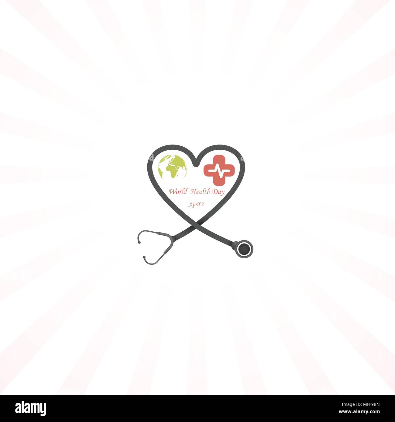 Globus Zeichen und Stethoskop Vektor-Logo Design-Vorlage. Welt-Gesundheitstag-Symbol. World Health Day Idee Kampagnenkonzept für Grußkarten und Poster. Vecto Stock Vektor