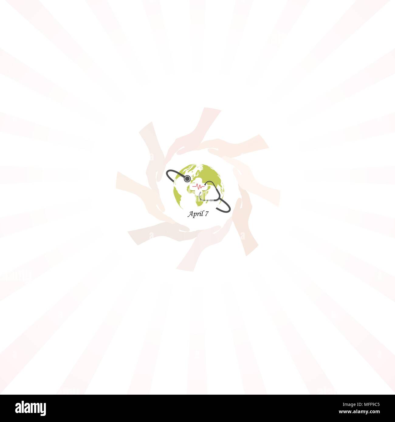 Globus-Zeichen, menschliche Hand und Stethoskop-Vektor-Logo-Design-Vorlage. Welt-Gesundheitstag-Symbol. Welt-Gesundheitstag Idee Kampagnenkonzept für Grußkarte und p Stock Vektor