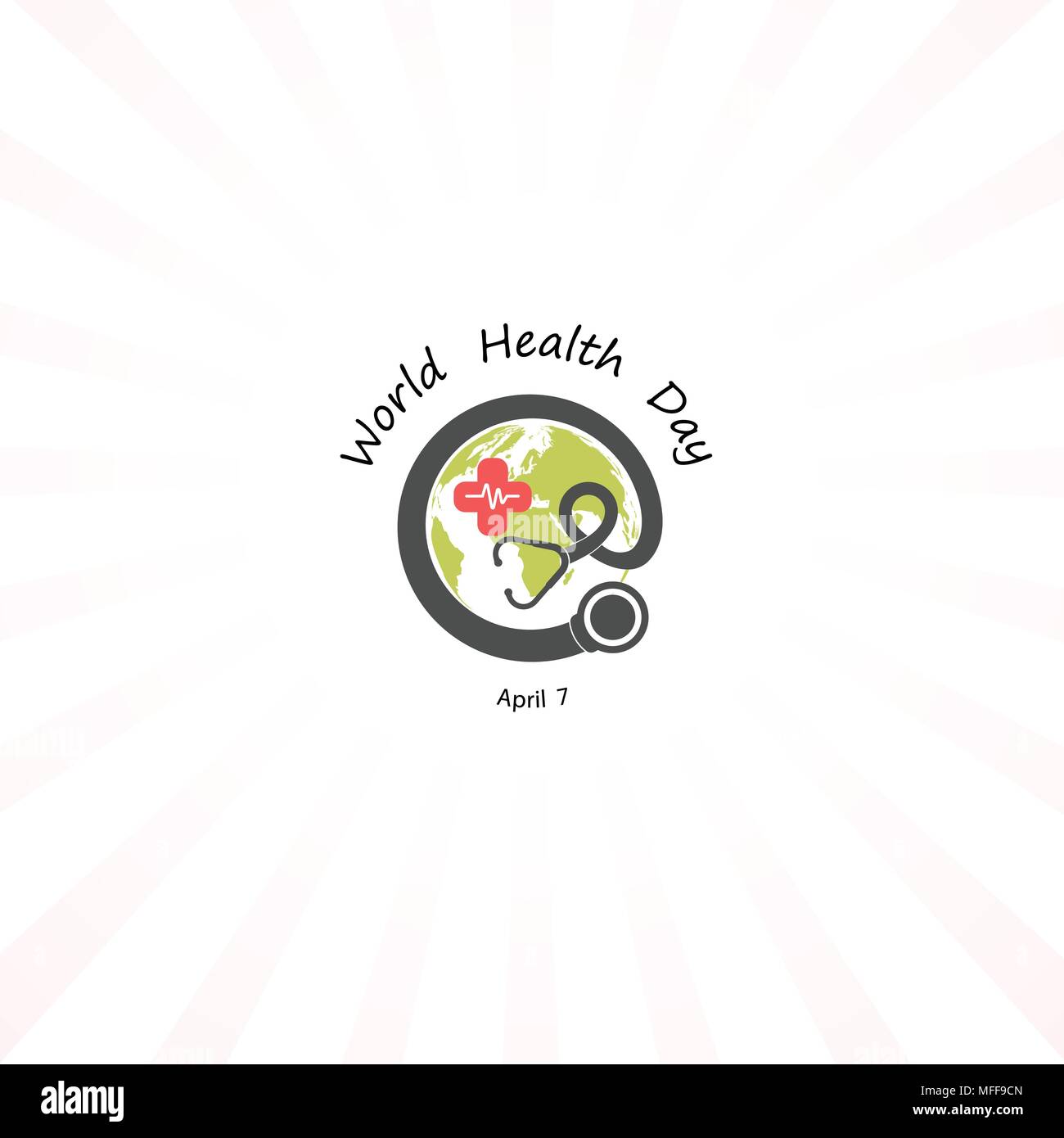 Globus Zeichen und Stethoskop Vektor-Logo Design-Vorlage. Welt-Gesundheitstag-Symbol. World Health Day Idee Kampagnenkonzept für Grußkarten und Poster. Vecto Stock Vektor