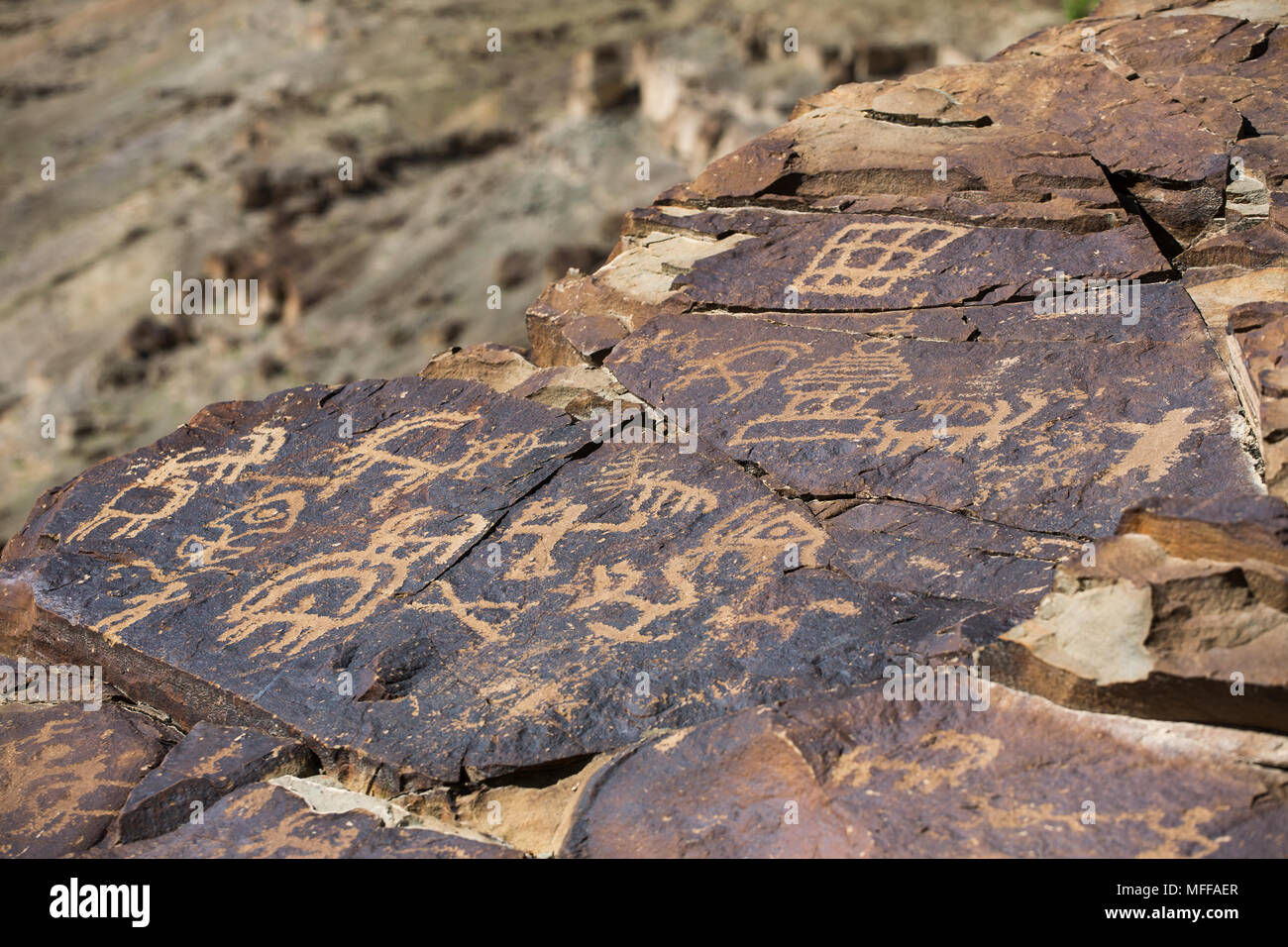 Domkhar Rock Art Heiligtum in Domkhar Dorf in Ladakh, an den Ufern des Indus. Stockfoto