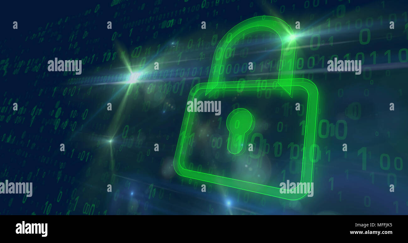 Große grüne internet Schloss auf dem digitalen im Hintergrund. Network Security Konzept. Stockfoto
