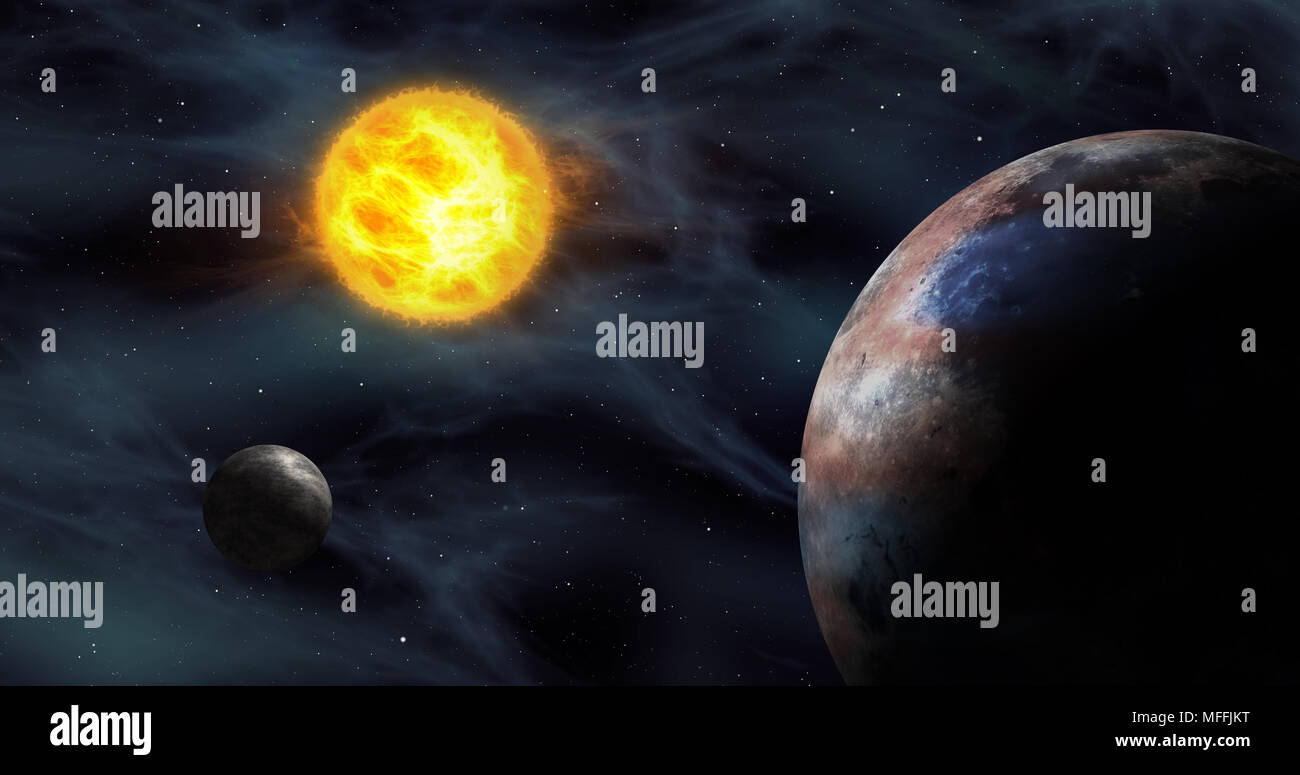 Erdähnliche Exoplaneten in fremden Sonnensystem mit Sun Star. Fernen Kosmos Exploration. Planeten, Monde, Sonne und Nebel galaxy Wolken im Hintergrund. Stockfoto