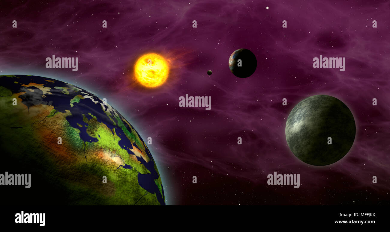 Erdähnliche Exoplaneten in fremden Sonnensystem mit Sun Star. Fernen Kosmos Exploration. Planeten, Monde, Sonne und Nebel galaxy Wolken im Hintergrund. Stockfoto