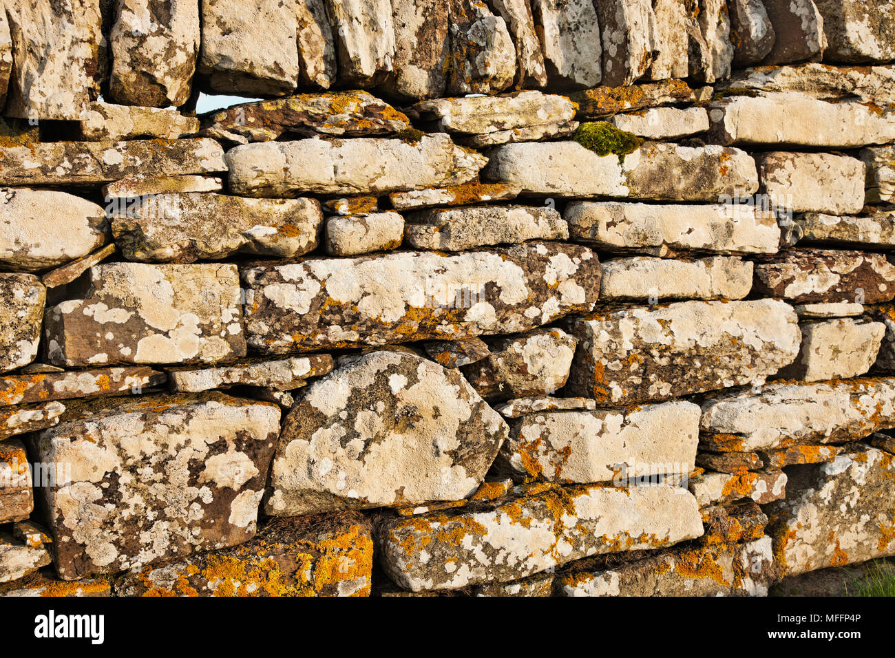 Detail der Steinmauer im schottischen Hochland. Stockfoto