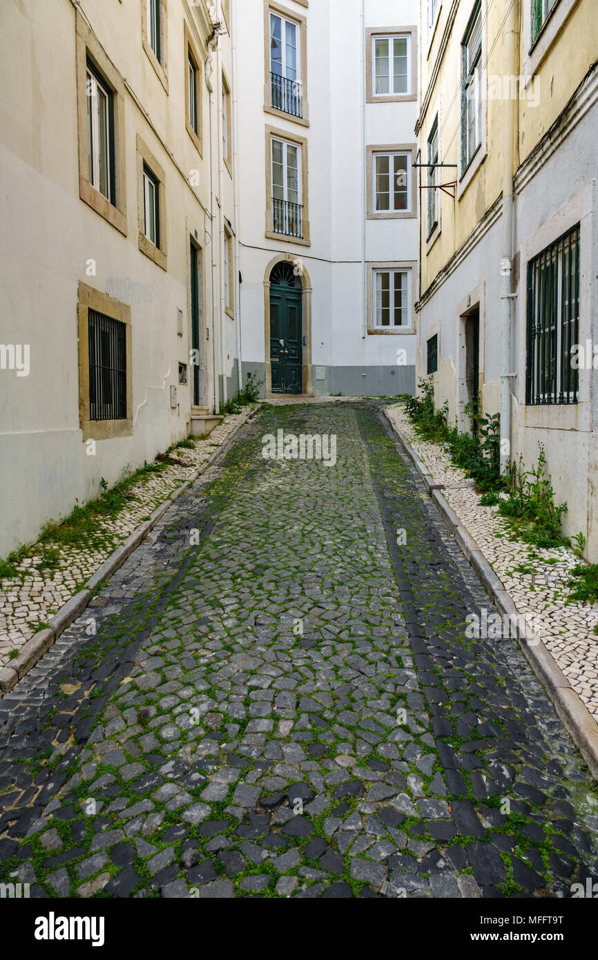 Typische gepflasterte Strasse in Lissabon Stockfoto