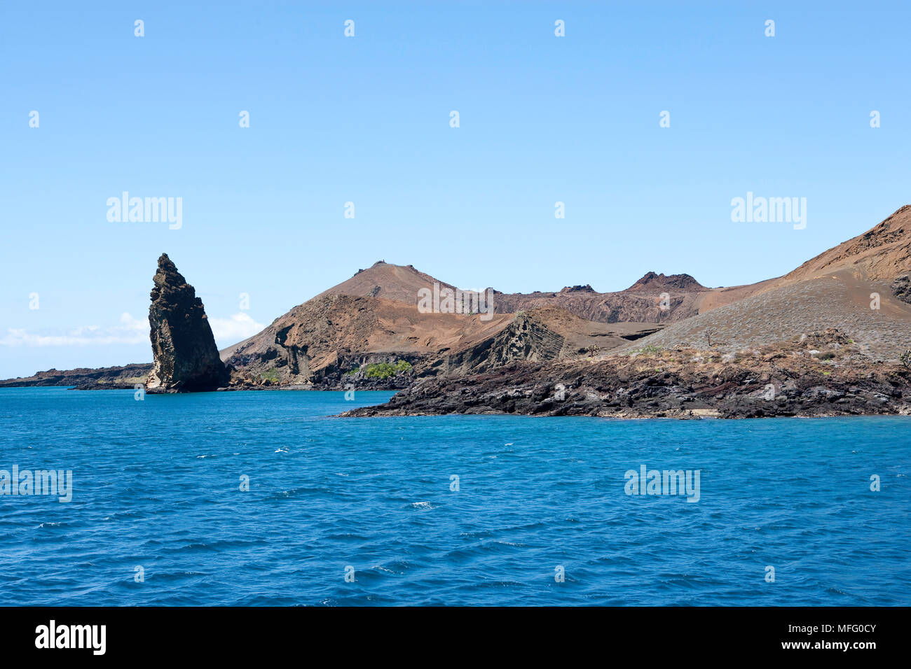 Pinnacle Rock bei Bartholomé Island, Galapagos Inseln, UNESCO Weltnaturerbe, Ecuador, Ost Pazifik Stockfoto