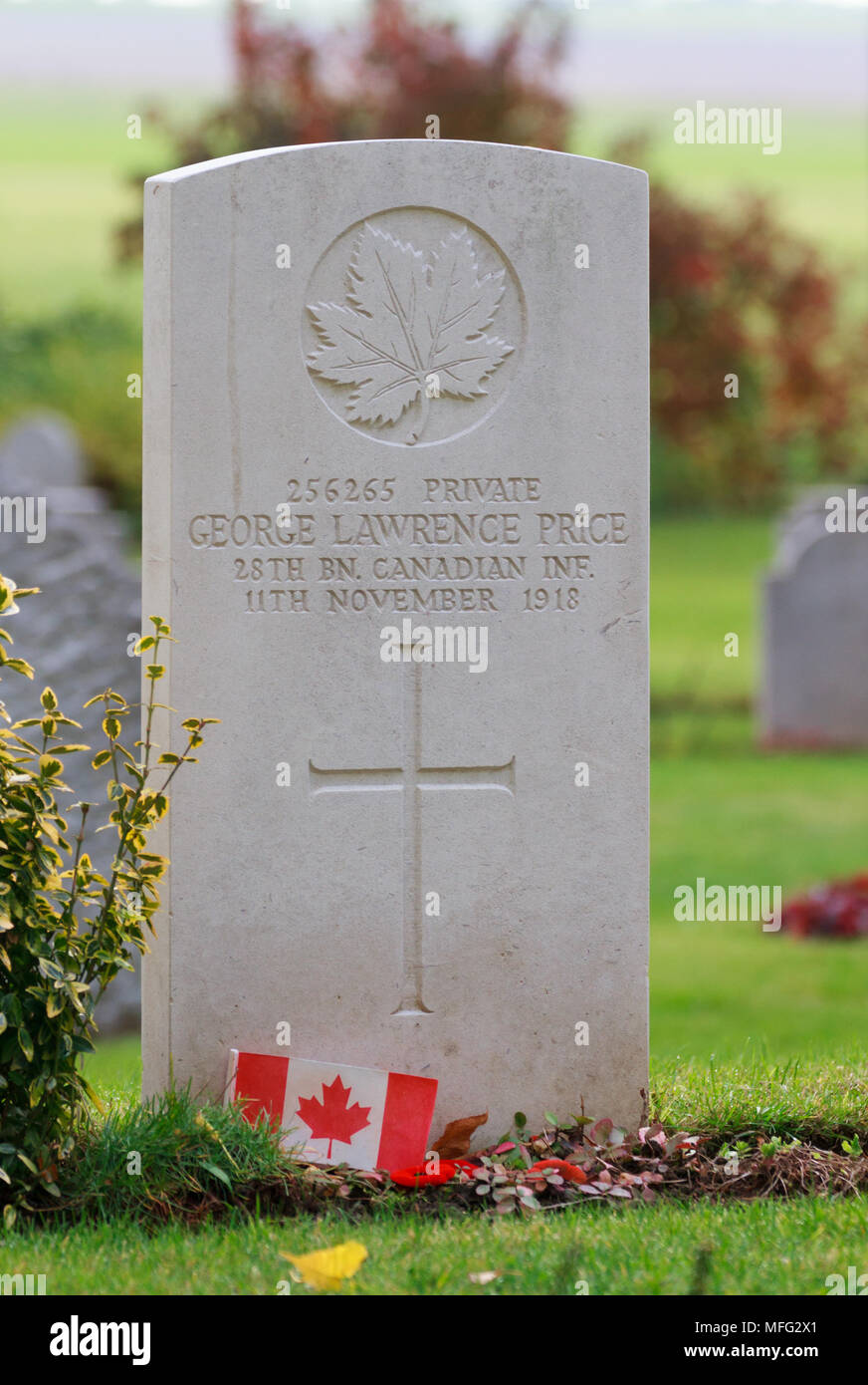Grab von George Lawrence Preis im St Symphorien Soldatenfriedhof. Er ist der letzte Soldat des Commonwealth vor dem Waffenstillstand, getötet zu werden. Stockfoto