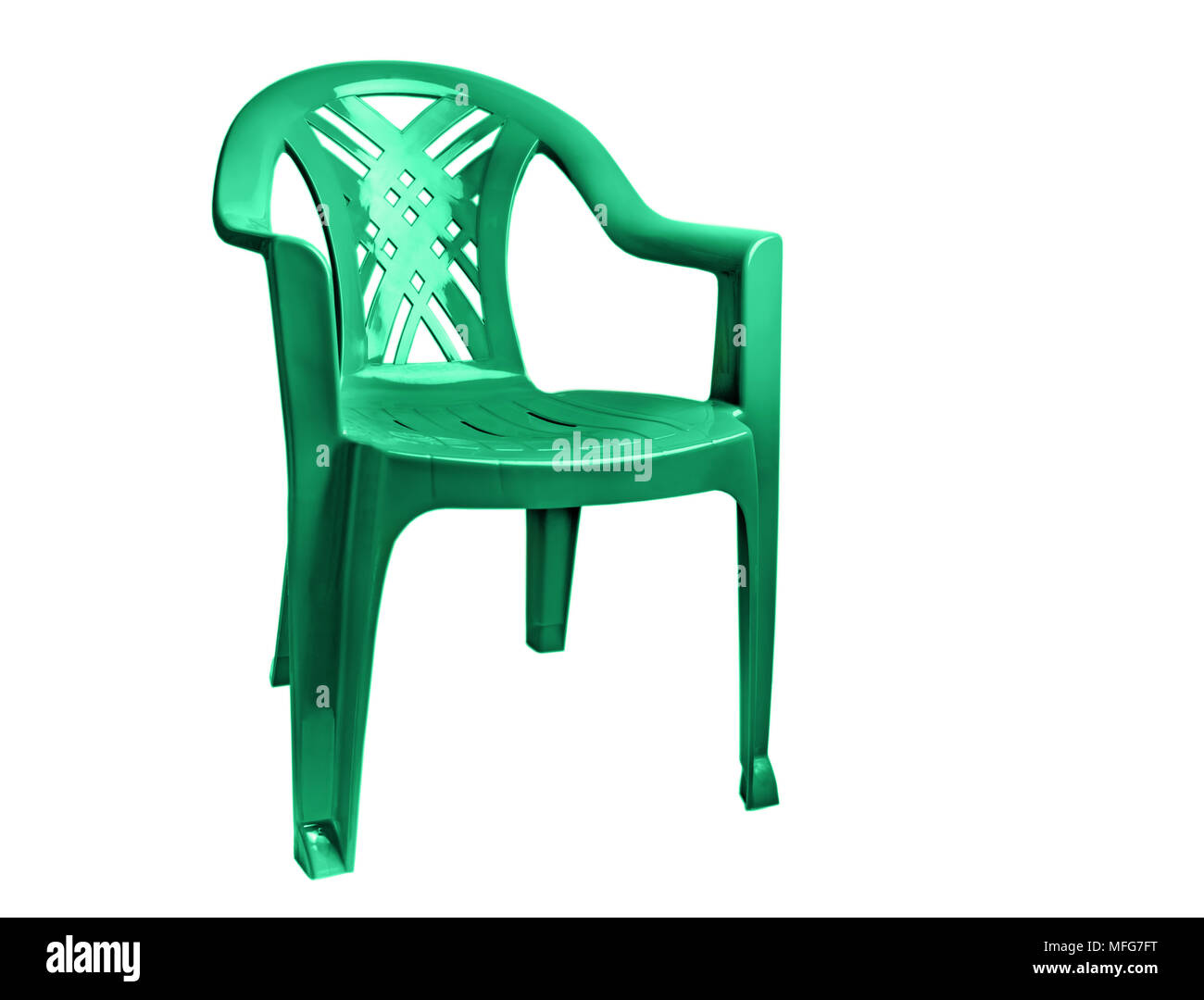 Grüner Stuhl aus Kunststoff isoliert auf weißem Hintergrund Stockfoto