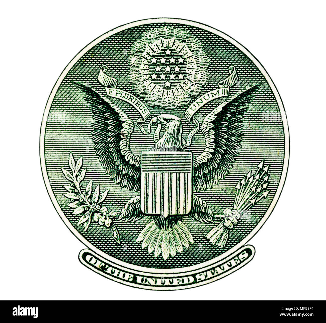E Pluribus Unum Dichtung auf der US 1 Dollar Bill, Clipping path enthalten Stockfoto