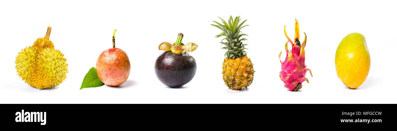 Tropische Früchte Collage auf weißem Hintergrund Stockfoto
