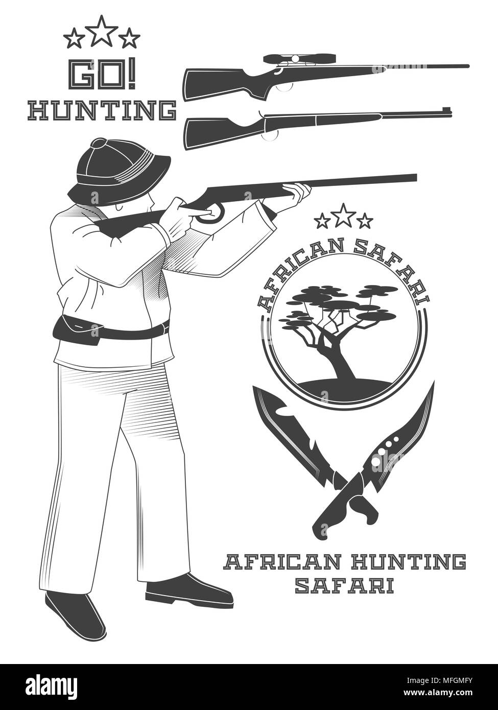 African hunter Safari Labels, Embleme und Designelementen. Vector Illustration Stock Vektor