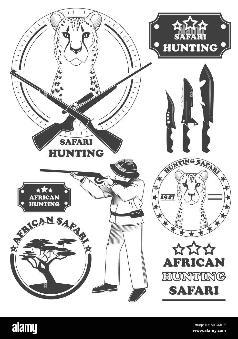 African hunter Safari Labels, Leopard Embleme und gestalterische Elemente. Vector Illustration Stock Vektor