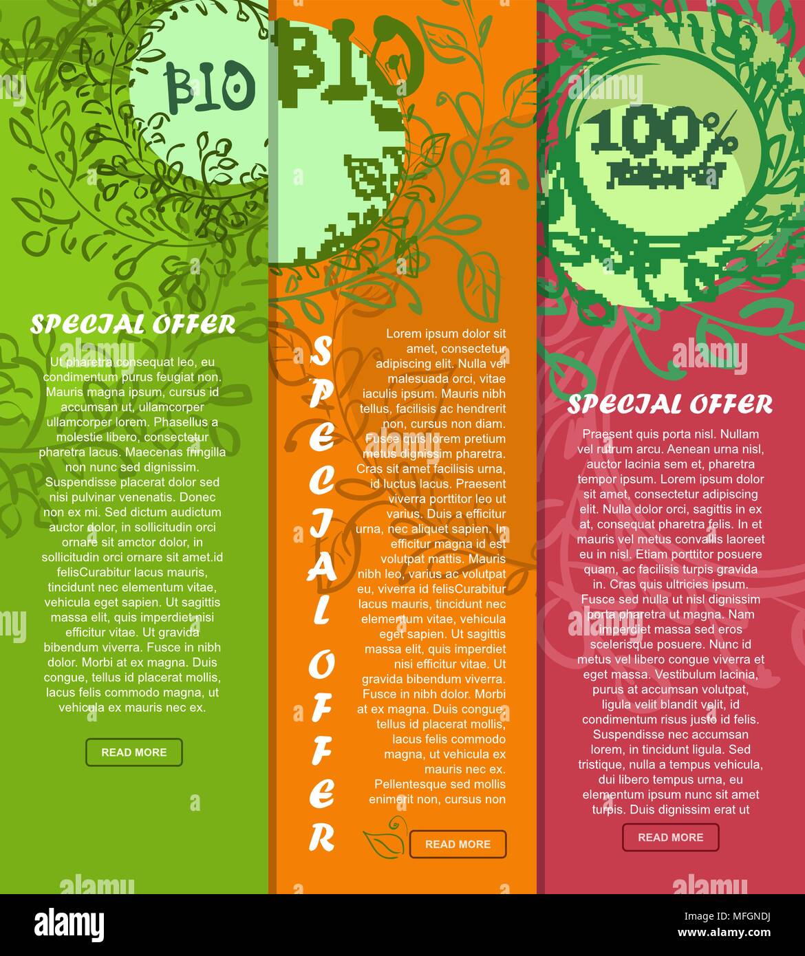 Bunte vertikale Banner von 100% Bio, natürliche Lebensmittel mit Platz für Ihren Text. Von Hand gezeichnet. Vector Illustration Stock Vektor