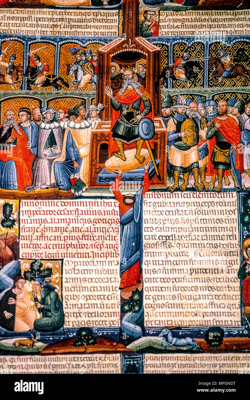 Italien Forlì Cesena - Biblioteca Malatestiana, die beleuchtet werden die Codes "INSTITUTIONES von giustiniano - Darstellung von Justinian und seinen Hof - über 1330 Stockfoto