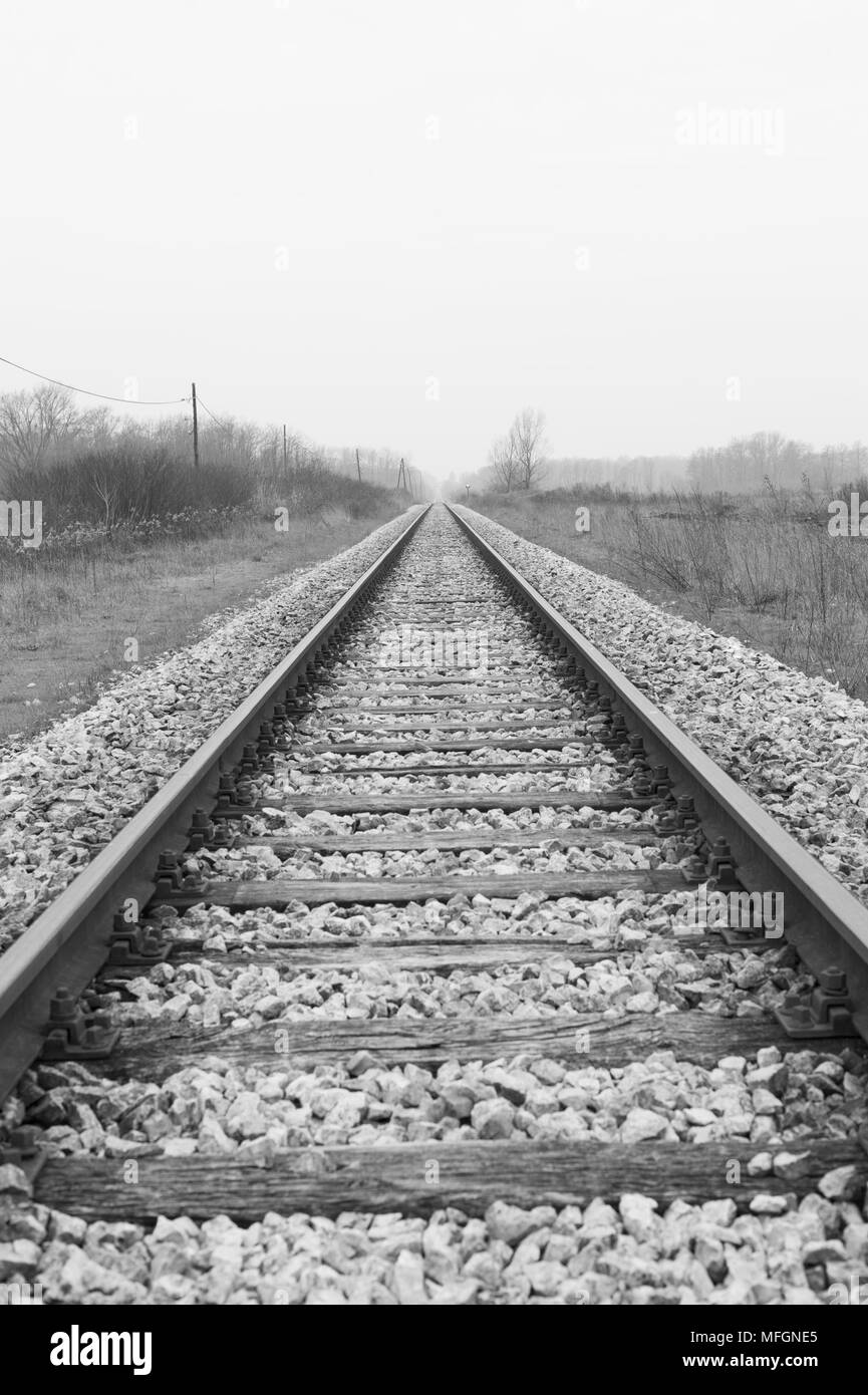 Zug schienen, schwarz-weiß-Bild der Eisenbahn. Vertikale Bild der Eisenbahn  Stockfotografie - Alamy