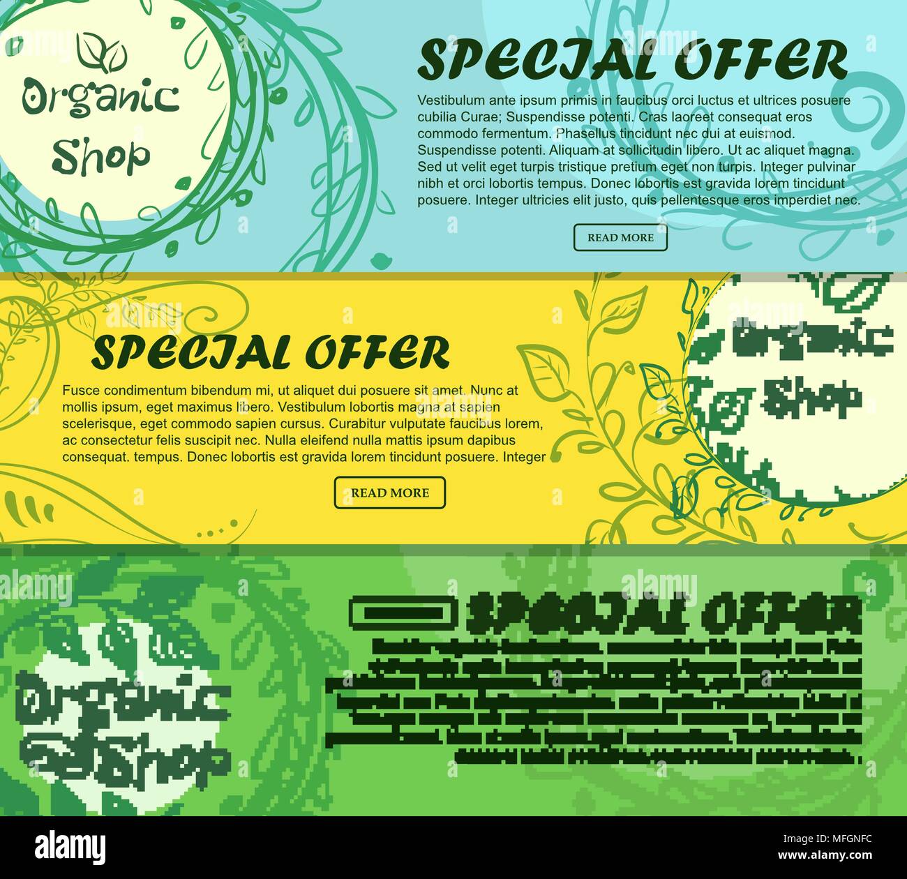 Drei horizontale Banner von organischen Shop mit Platz für Ihren Text. Von Hand gezeichnet. Vector Illustration Stock Vektor