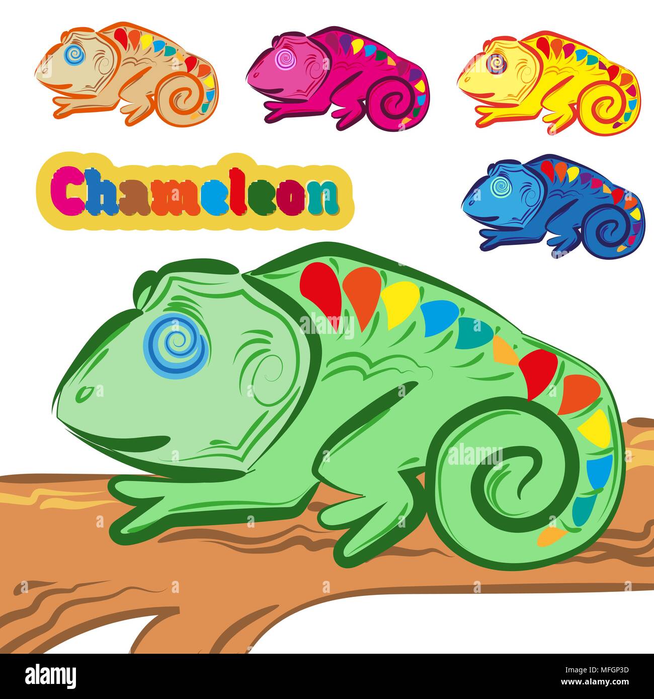 Eine Reihe von bunten Chamäleons sitzen auf einem Baum. Cartoon Design. Vector Illustration Stock Vektor