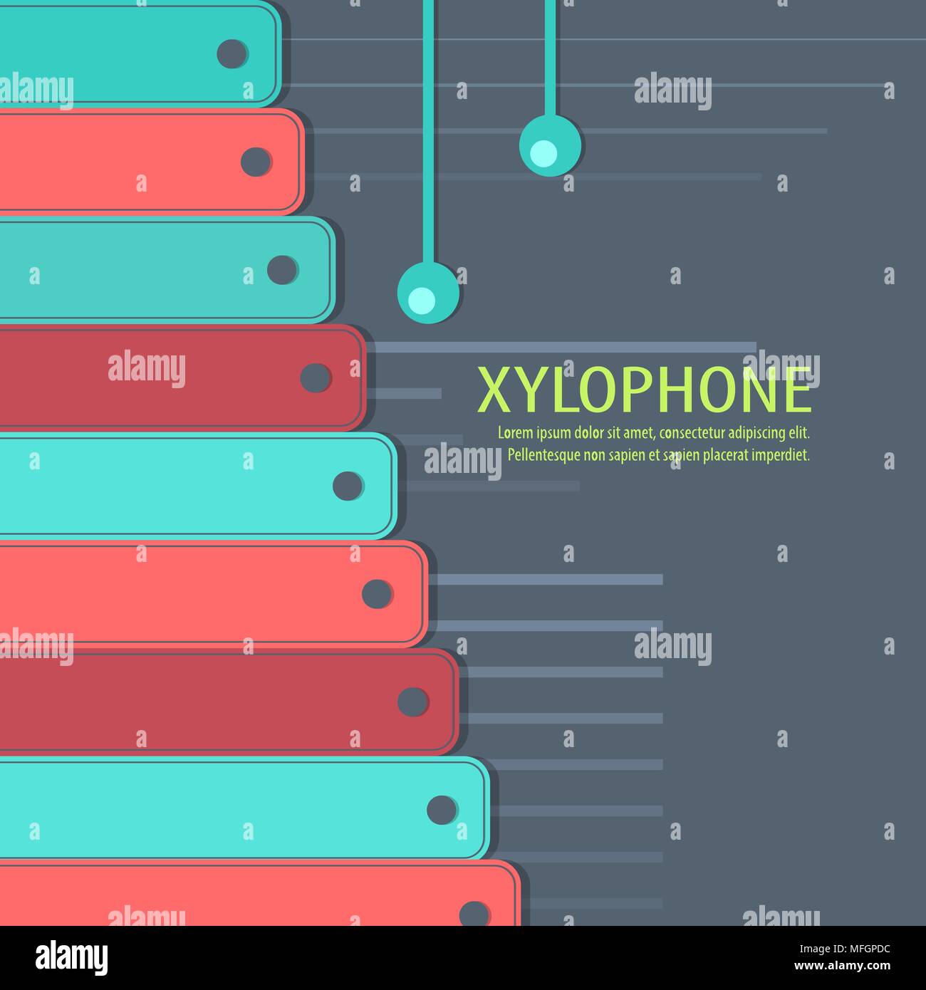 Musical instrument Xylophon auf dem Hintergrund mit Platz für Text und Werbung. Vector Illustration Stock Vektor