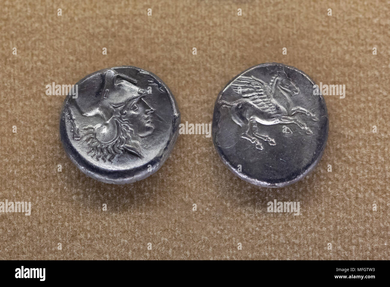 Athena und Pegasus dargestellt in der antiken griechischen Silbermünzen (Korinthischen stater) aus der zweiten Hälfte des 4.Jahrhunderts v. Chr. in Sizilien auf Anzeige im Nationalen Archäologischen Museum (Museo Archeologico Nazionale di Napoli) in Neapel, Kampanien, Italien. Athena ist die korinthischen Helm. Stockfoto